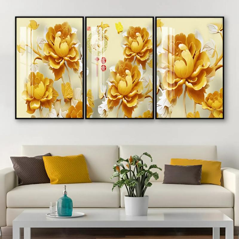 tranh 3D hoa sen vàng treo phòng khách sang trọng, nền sáng hiện đại