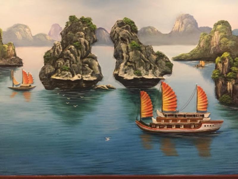tranh 3D thuyền buồm phong cảnh vịnh biển, mang ý nghĩa thuận buồm xuôi gió