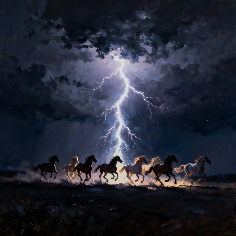 Tranh Bát Mã Truy Phong nguốn gốc, cách treo và ý nghĩa 46 Tranh bát mã truy phong đàn ngựa phi nước đại dưới bầu trời đêm giông bão với tia sét rạch ngang.