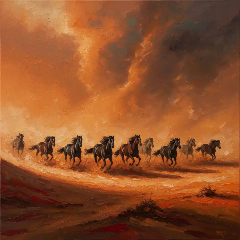 Tranh Bát Mã Truy Phong nguốn gốc, cách treo và ý nghĩa 47 Tranh bát mã truy phong đàn ngựa phi nước đại trên sa mạc, bầu trời hoàng hôn cam cháy dữ dội.