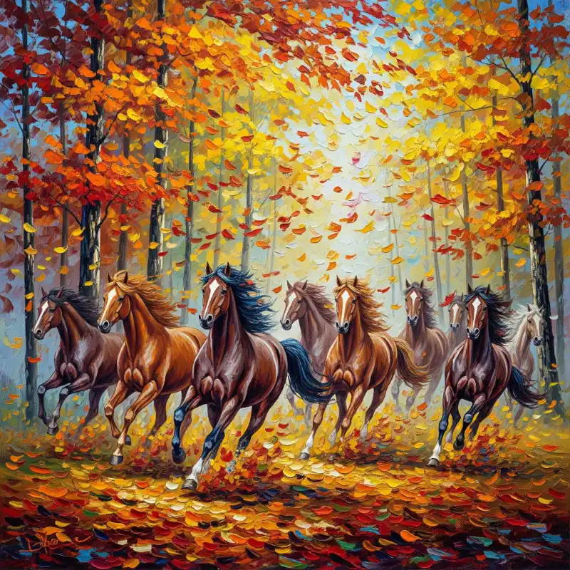 Tranh Bát Mã Truy Phong nguốn gốc, cách treo và ý nghĩa 48 Tranh bát mã truy phong đàn ngựa phi qua rừng thu, lá vàng cam rực rỡ, nét cọ sống động.