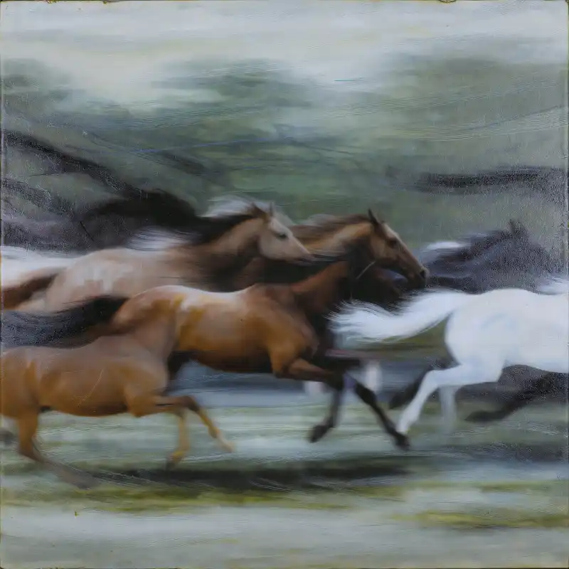 Tranh Bát Mã Truy Phong nguốn gốc, cách treo và ý nghĩa 49 Tranh bát mã truy phong đàn ngựa phóng nhanh với hiệu ứng chuyển động, tạo cảm giác tốc độ mãnh liệt.