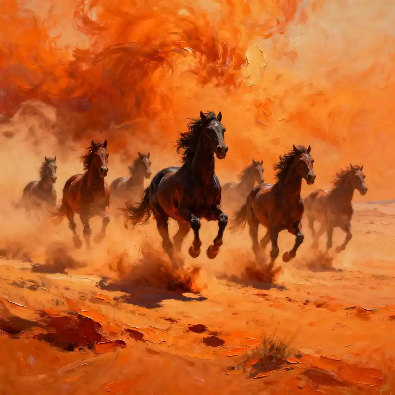 Tranh Bát Mã Truy Phong nguốn gốc, cách treo và ý nghĩa 50 Tranh bát mã truy phong bầy ngựa mạnh mẽ phi nước đại trong khung cảnh sa mạc cam rực lửa.