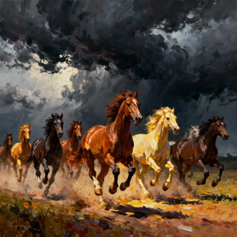 Tranh Bát Mã Truy Phong nguốn gốc, cách treo và ý nghĩa 51 Tranh bát mã truy phong bầy ngựa phi nước đại dưới trời giông bão, bụi tung mù mịt.