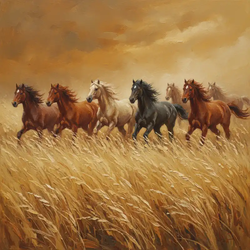 Tranh Bát Mã Truy Phong nguốn gốc, cách treo và ý nghĩa 52 Tranh bát mã truy phong bầy ngựa phi nước đại qua cánh đồng cỏ khô vàng dưới ánh hoàng hôn.