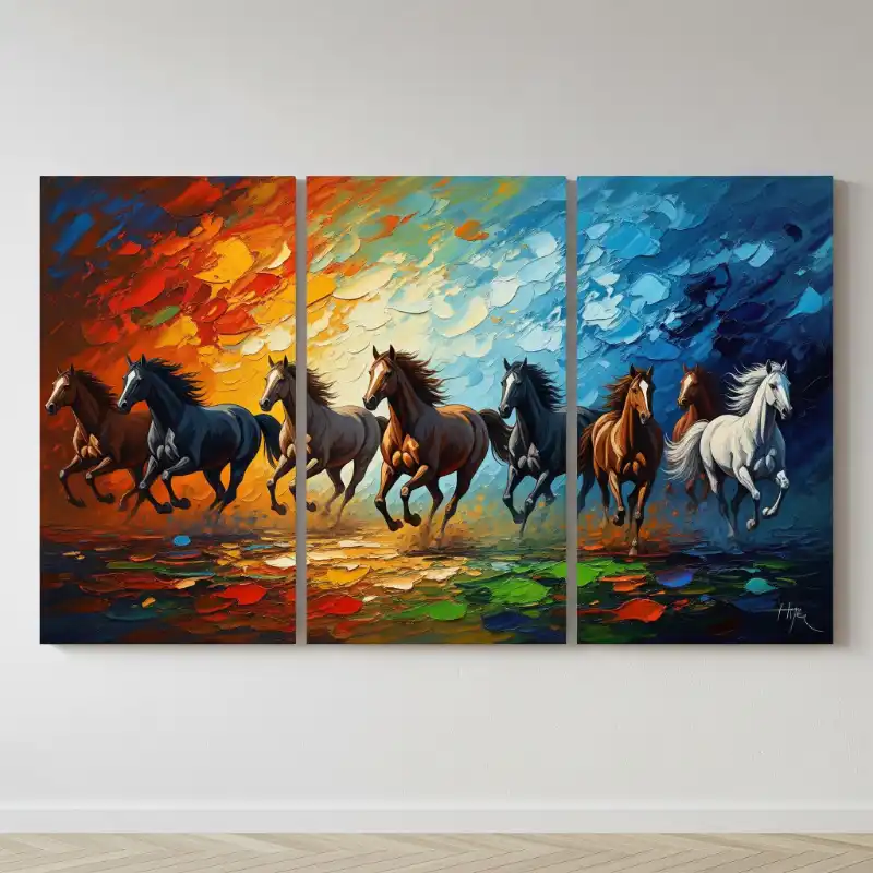 Tranh Bát Mã Truy Phong nguốn gốc, cách treo và ý nghĩa 53 Tranh bát mã truy phong bộ ba tranh ngựa phi với nền màu chuyển dần từ nóng sang lạnh, nét cọ nổi.