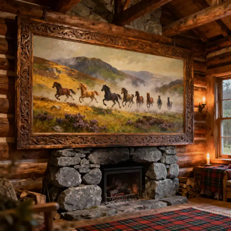 Tranh Bát Mã Truy Phong nguốn gốc, cách treo và ý nghĩa 54 Tranh bát mã truy phong bức họa tám ngựa phi trong phong cảnh núi non, đặt trên lò sưởi ấm cúng.