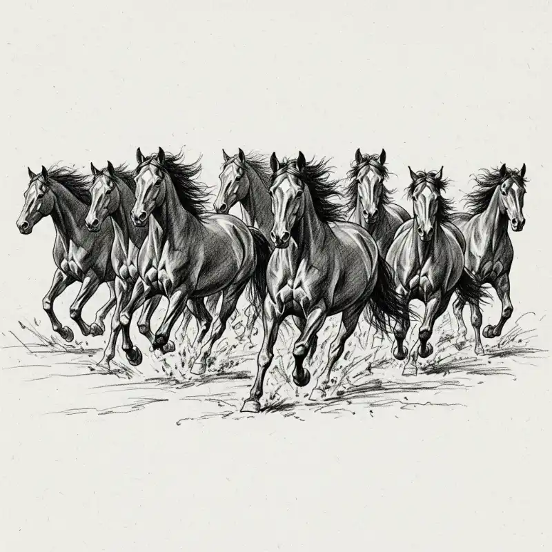 Tranh Bát Mã Truy Phong nguốn gốc, cách treo và ý nghĩa 55 Tranh bát mã truy phong bức phác họa tám chú ngựa phi đầy sức mạnh trên nền trắng đơn giản.