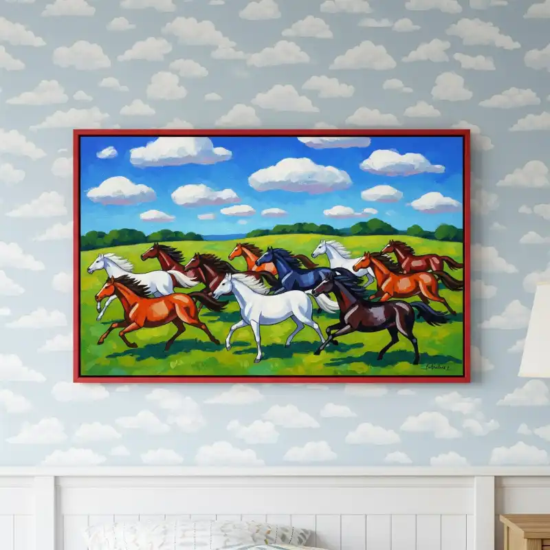 Tranh Bát Mã Truy Phong nguốn gốc, cách treo và ý nghĩa 56 Tranh bát mã truy phong bức tranh hoạt hình tám ngựa phi trên đồng cỏ xanh, bầu trời mây trắng.
