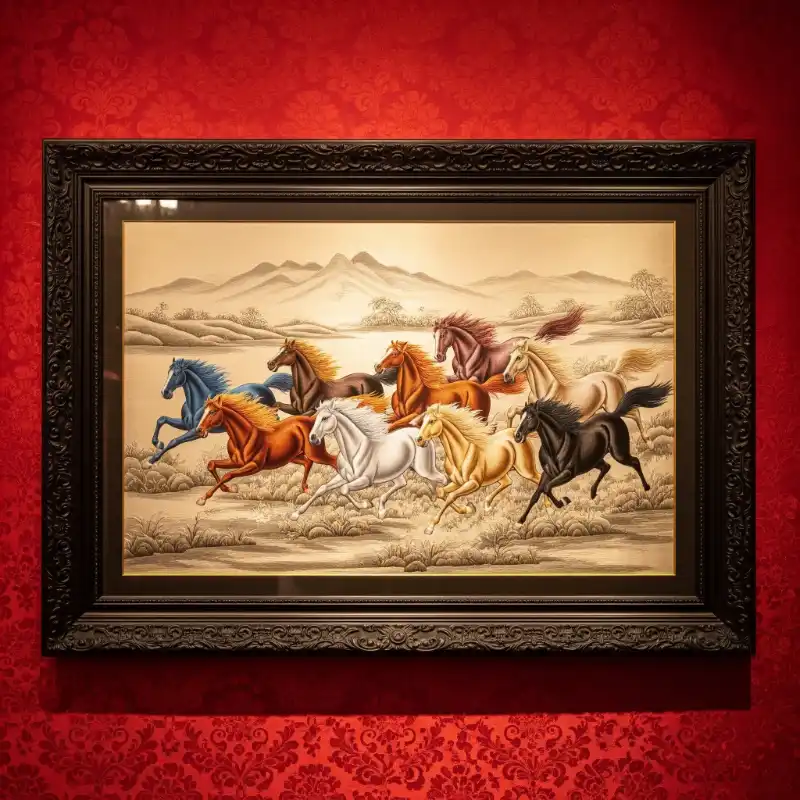 Tranh Bát Mã Truy Phong nguốn gốc, cách treo và ý nghĩa 57 Tranh bát mã truy phong khung tranh tám ngựa đa sắc phi giữa thảo nguyên, núi xa, trên tường đỏ.