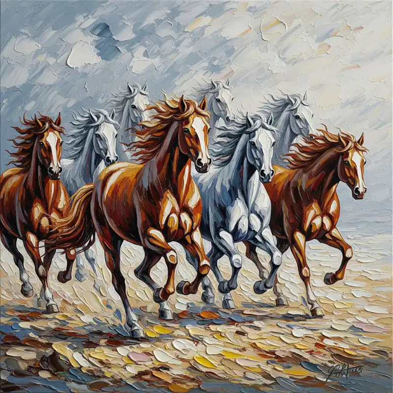 Tranh Bát Mã Truy Phong nguốn gốc, cách treo và ý nghĩa 58 Tranh bát mã truy phong tám chiến mã phi nước đại, sắc trắng và nâu, nét vẽ vảy sơn ấn tượng.