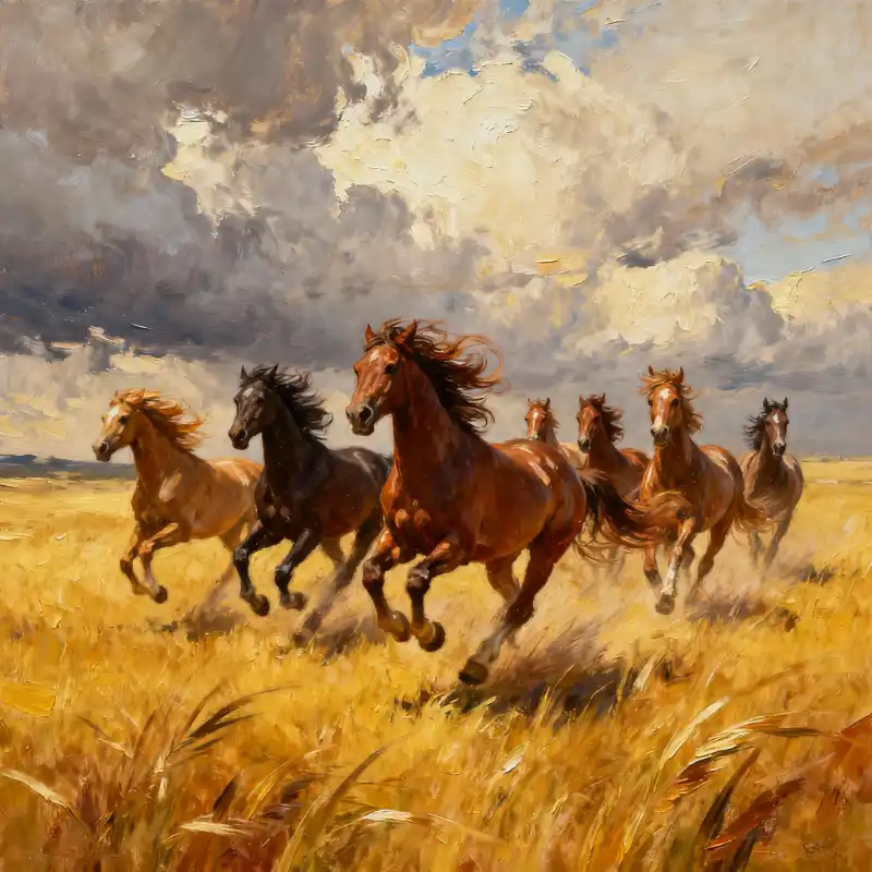 Tranh Bát Mã Truy Phong nguốn gốc, cách treo và ý nghĩa 59 Tranh bát mã truy phong tám con ngựa dũng mãnh phi nước đại trên thảo nguyên dưới bầu trời u ám.