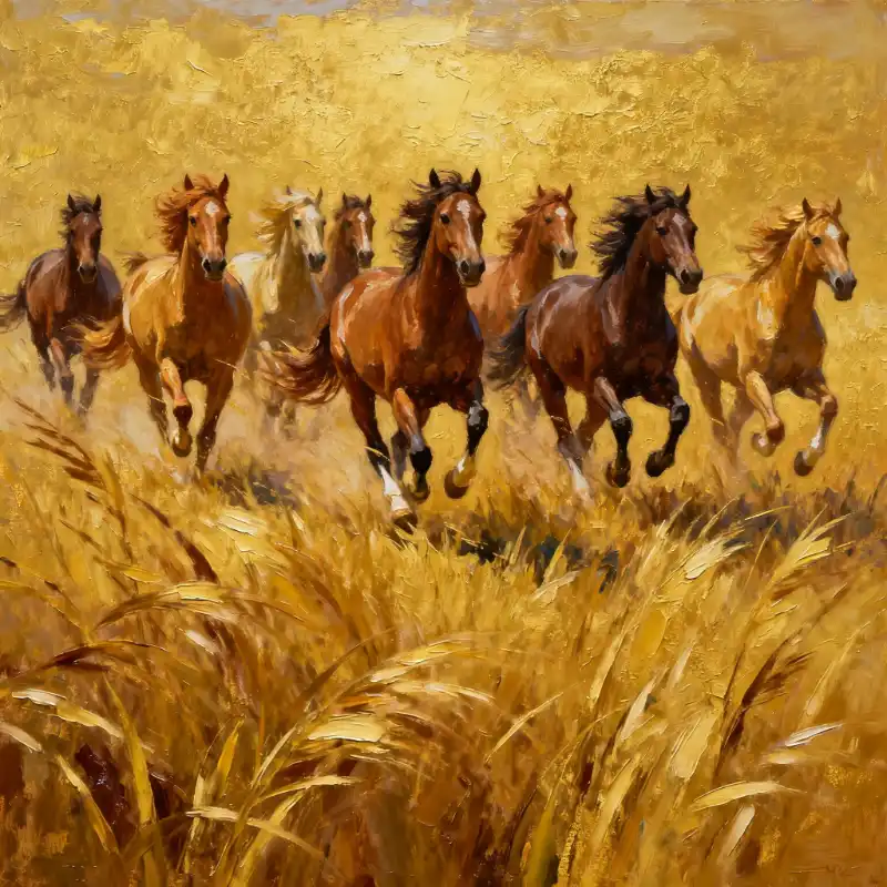 Tranh Bát Mã Truy Phong nguốn gốc, cách treo và ý nghĩa 60 Tranh bát mã truy phong tám con ngựa phi nước đại trên cánh đồng lúa vàng óng dưới nắng.