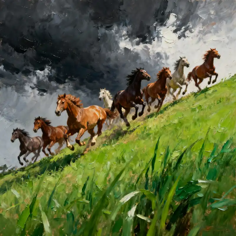 Tranh Bát Mã Truy Phong nguốn gốc, cách treo và ý nghĩa 61 Tranh bát mã truy phong tám ngựa đang phi lên dốc cỏ xanh mướt dưới bầu trời đầy mây giông.