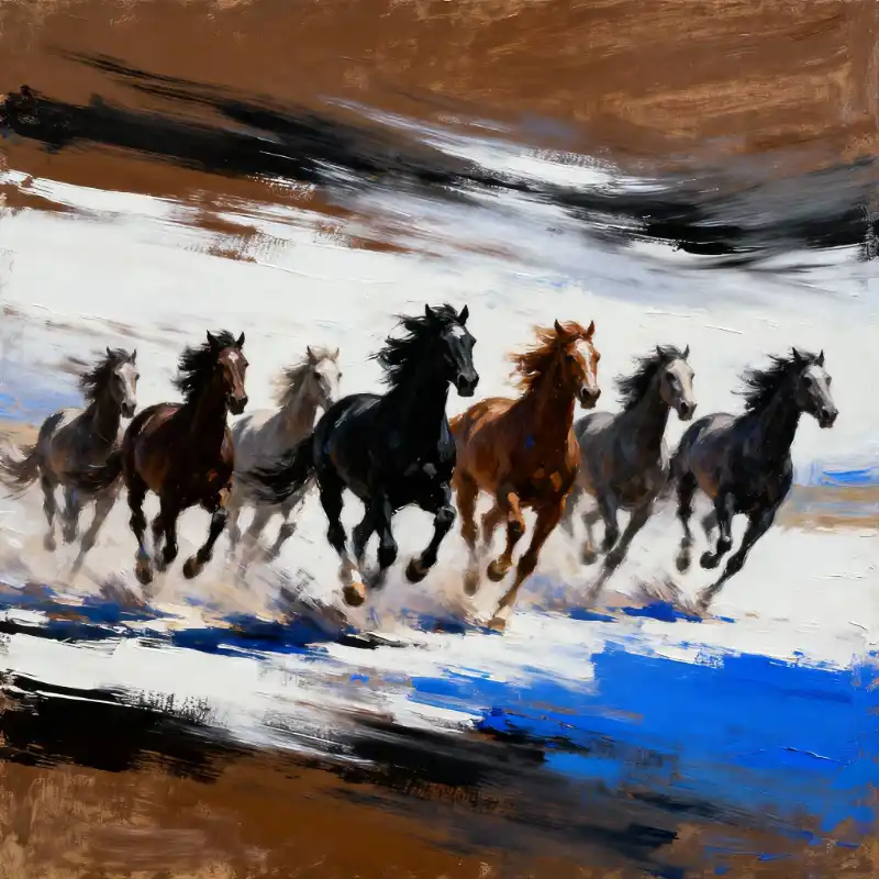 Tranh Bát Mã Truy Phong nguốn gốc, cách treo và ý nghĩa 62 Tranh bát mã truy phong tám ngựa phi nước đại trên nền tranh trừu tượng với các vệt màu trắng, xanh.