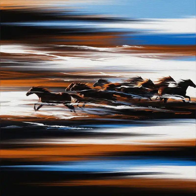 Tranh Bát Mã Truy Phong nguốn gốc, cách treo và ý nghĩa 63 Tranh bát mã truy phong tám ngựa phi trên nền trừu tượng, sắc cam, xanh, trắng tạo cảm giác tốc độ.