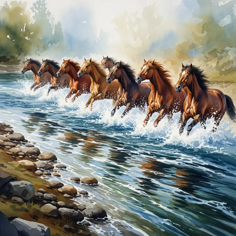 Tranh Bát Mã Truy Phong nguốn gốc, cách treo và ý nghĩa 64 Tranh bát mã truy phong tranh màu nước tám chú ngựa nâu phi băng qua dòng suối, bọt nước tung trắng xóa.