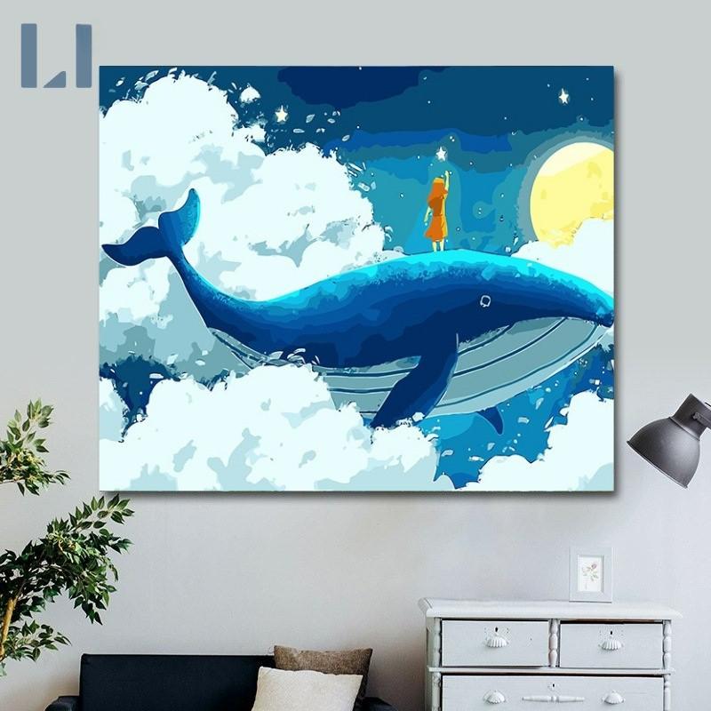 tranh cá heo bầu trời đêm cá heo tung mình giữa biển mây và ánh trăng sáng