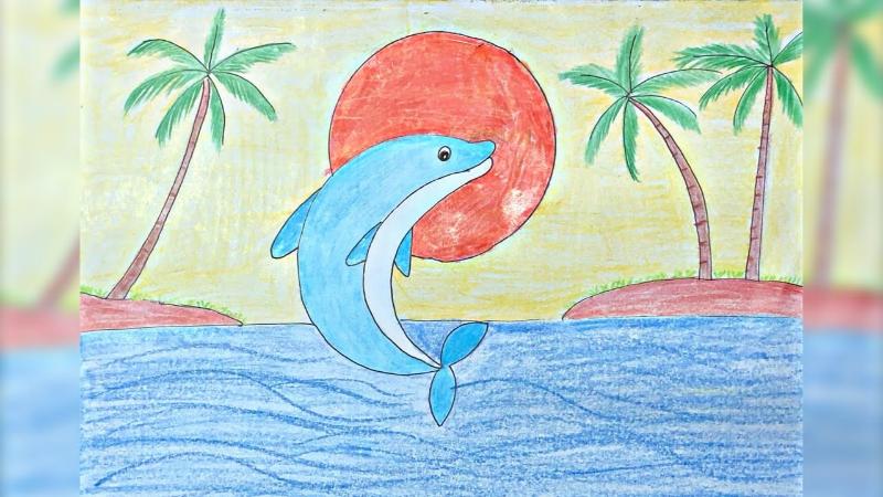 tranh cá heo hoàng hôn cá heo vươn mình trước ánh mặt trời và hàng dừa xanh