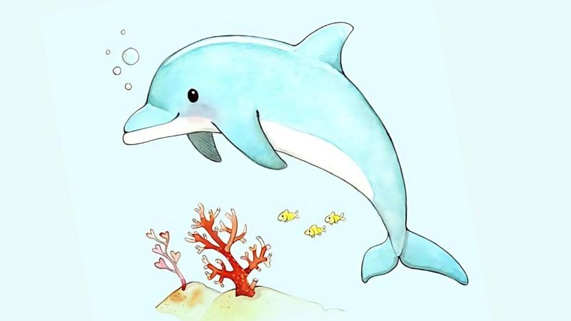 tranh cá heo hoạt hình cá heo xanh bơi cạnh san hô và sao biển ngộ nghĩnh