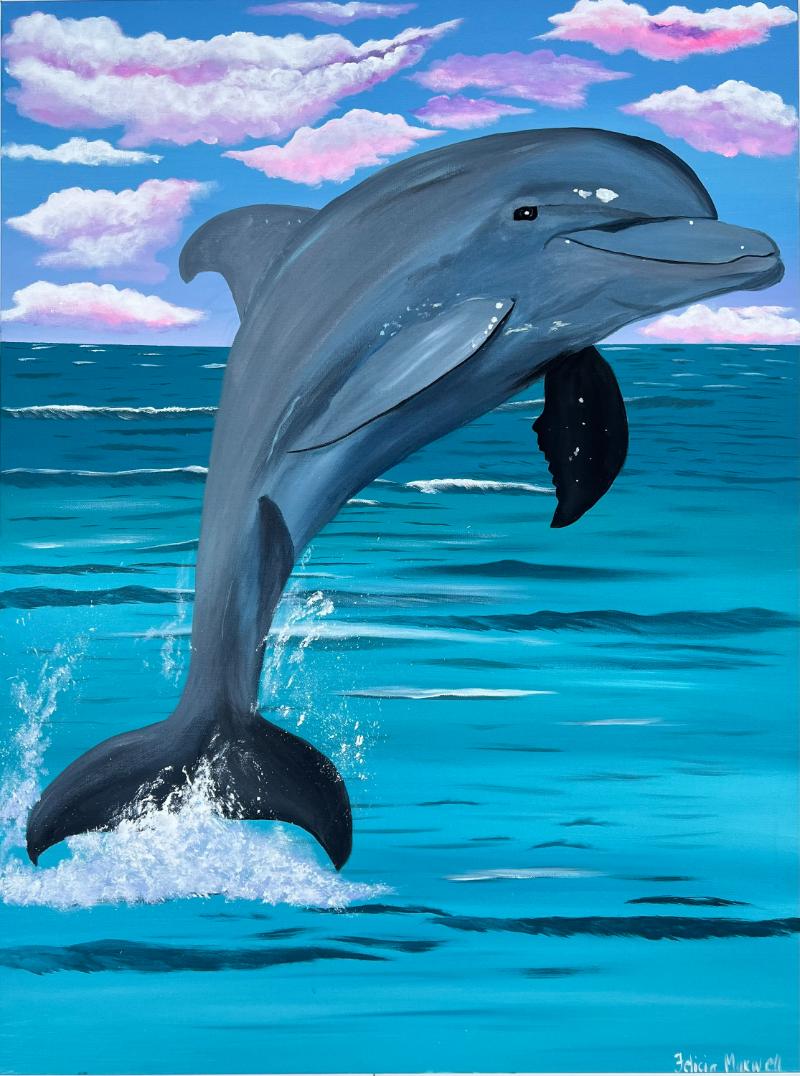 tranh cá heo nhảy sóng cá heo bật lên khỏi mặt nước dưới nền trời hồng