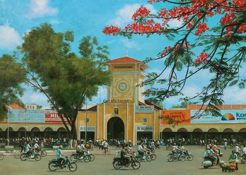 Tranh vẽ Chợ Bến Thành – Tuyển chọn mẫu đẹp nhất 2025 2 Tranh sơn dầu cổ điển tái hiện Chợ Bến Thành trong nhịp sống sôi động, giàu cảm xúc và chân thật
