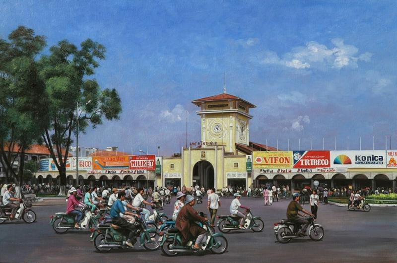 Tranh vẽ Chợ Bến Thành – Tuyển chọn mẫu đẹp nhất 2025 6 Tranh acrylic màu sắc tươi sáng, độ bền cao, thể hiện nhịp sống tấp nập xung quanh tháp đồng hồ chợ Bến Thành