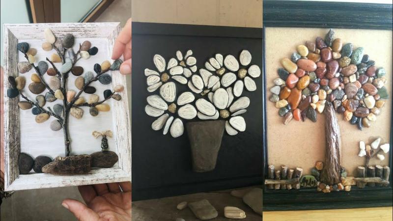 Tranh đá cuội – nghệ thuật từ tự nhiên trang trí cực tinh tế 5 Tranh đá cuội nghệ thuật treo tường với hình cây và lá khô tự nhiên