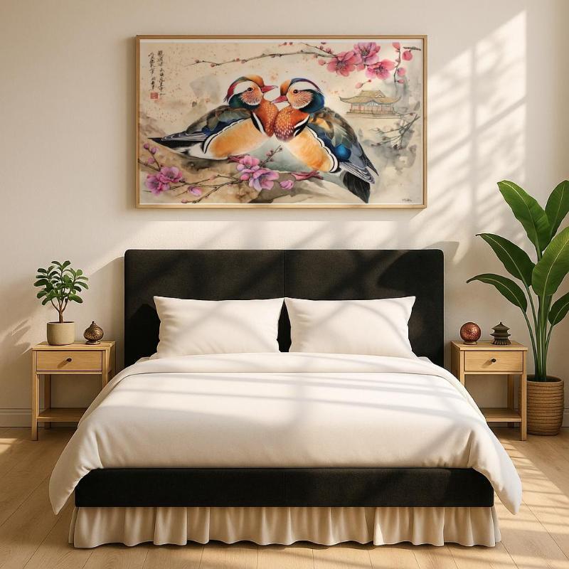 Tranh uyên ương bên hoa đào, biểu tượng của sự hòa hợp và tình yêu lứa đôi