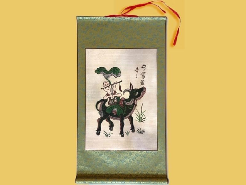 Tranh Đông Hồ Chăn Trâu Thổi Sáo và hình tượng con trâu 9 Tranh Đông Hồ Chăn Trâu Thổi Sáo trên vải lụa