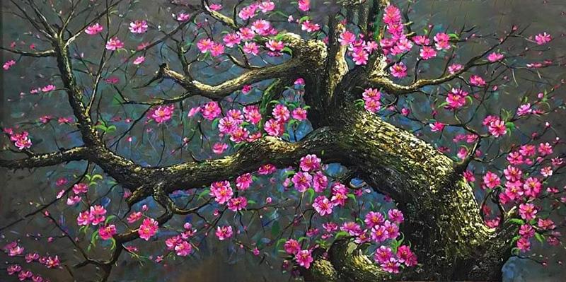 Một bức tranh hoa đào nghệ thuật với tông màu trầm, thể hiện sự vững chãi, bền bỉ và phúc lộc lâu dài (hợp người mệnh Mộc)
