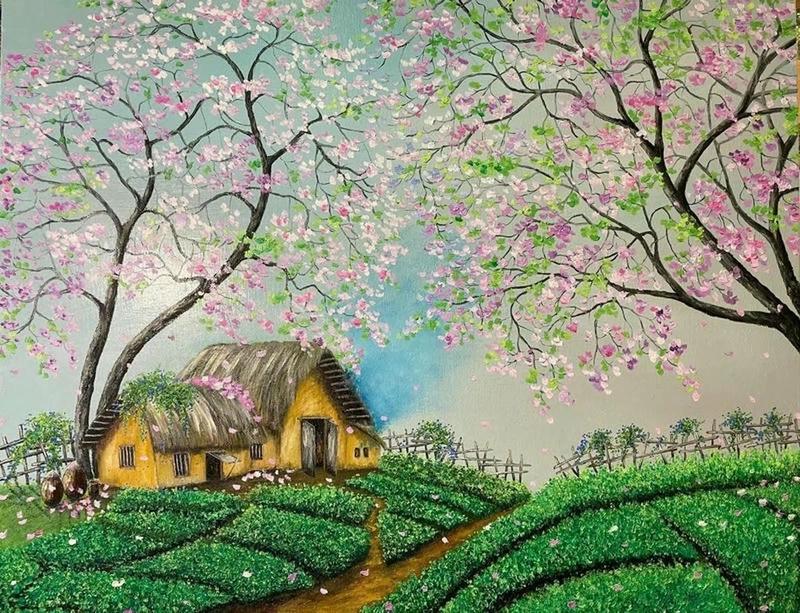 Tranh hoa đào phong cảnh nông thôn mang đến sự thịnh vượng và viên mãn cho gia chủ (hợp với tuổi Mậu Thìn, Kỷ Tỵ)
