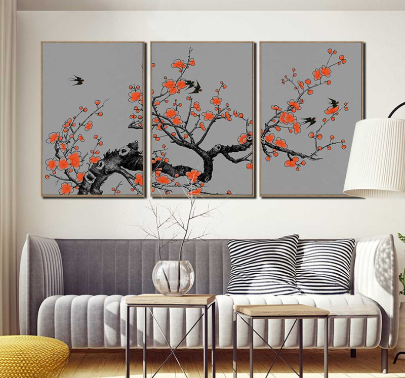 Bộ ba tranh canvas hiện đại mô phỏng cành tranh hoa đào nở rộ trên nền xám mang lại sự sum vầy và an bình cho tổ ấm
