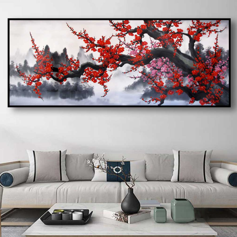 Bức tranh hoa đào đỏ rực rỡ và hồng nhạt tương phản, tượng trưng cho vượng khí và tài lộc
