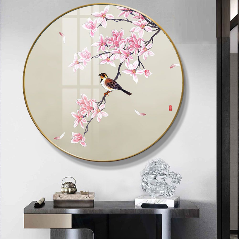 Tranh hoa đào tráng gương dạng tròn với hình ảnh chim, phù hợp để treo trong phòng khách hoặc làm quà tặng dịp tân gia
