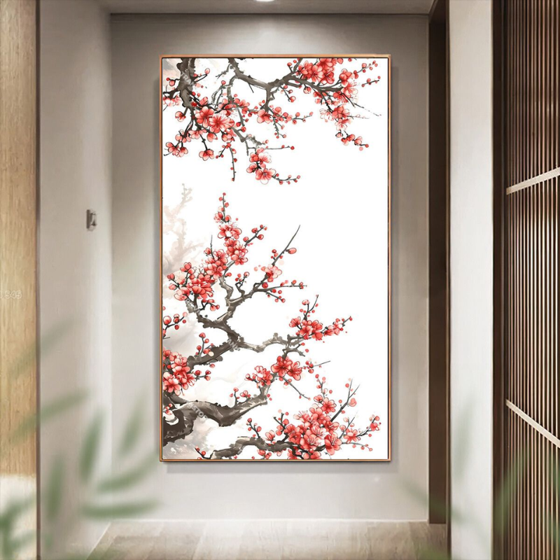 Bức tranh hoa đào dạng dọc với thân cây uốn lượn, ai cũng có thể trưng bày mà không cần lo ngại vấn đề xung khắc
