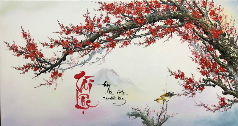 Bức tranh hoa đào với chữ Phúc thư pháp giúp cuộc sống luôn rực rỡ, hưng vượng và viên mãn
