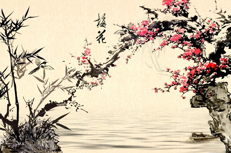 Tranh hoa đào kết hợp hình ảnh trúc, thuyền và chim mang ý nghĩa thu hút tài lộc giúp gia đạo hưng thịnh
