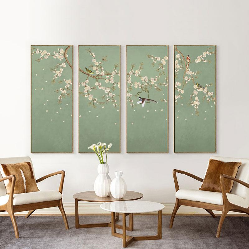 Bộ bốn bức tranh hoa đào treo tường nền xanh pastel, tạo sự tươi mới và sinh khí cho không gian sống
