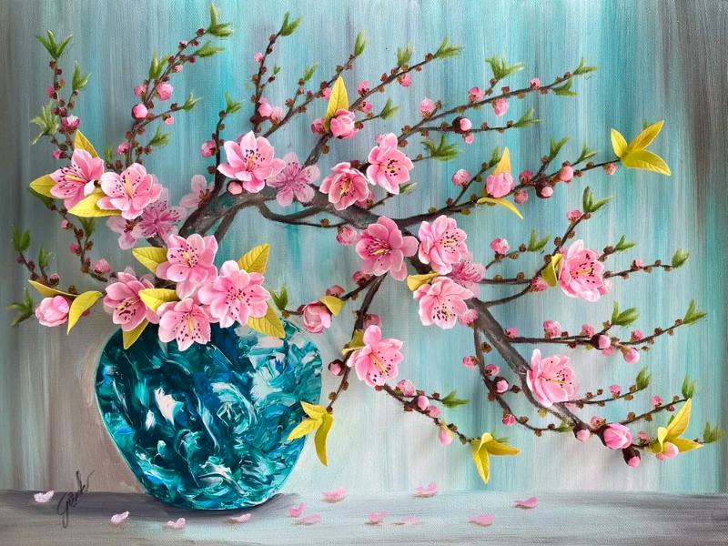 Tranh hoa đào cắm bình gốm với sắc hồng tươi tắn, biểu tượng cho sự sinh sôi nảy nở và vượng khí
