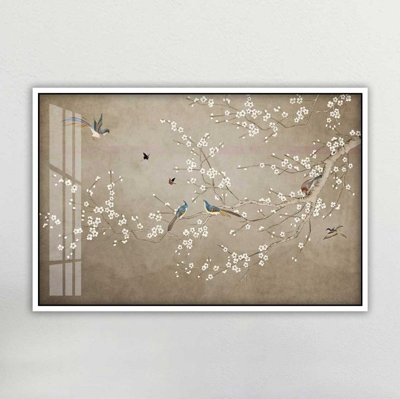 Tranh hoa đào trắng tráng gương hiện đại, mang lại may mắn, tài lộc và bình an cho gia chủ  
