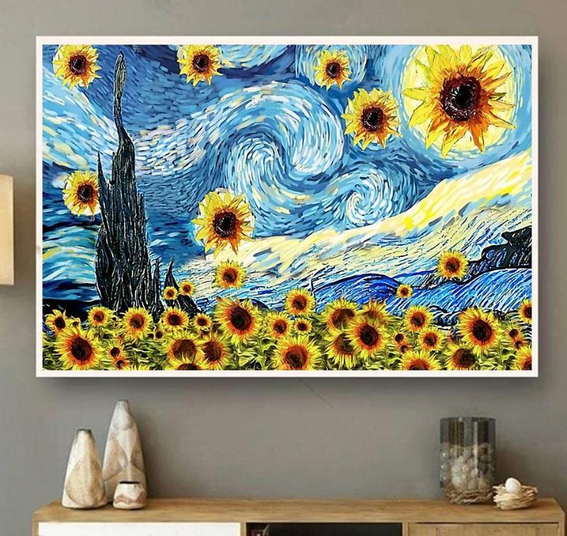 Mẫu tranh hoa hướng dương khổ ngang theo phong cách Van Gogh, lý tưởng để làm sáng và mở rộng không gian