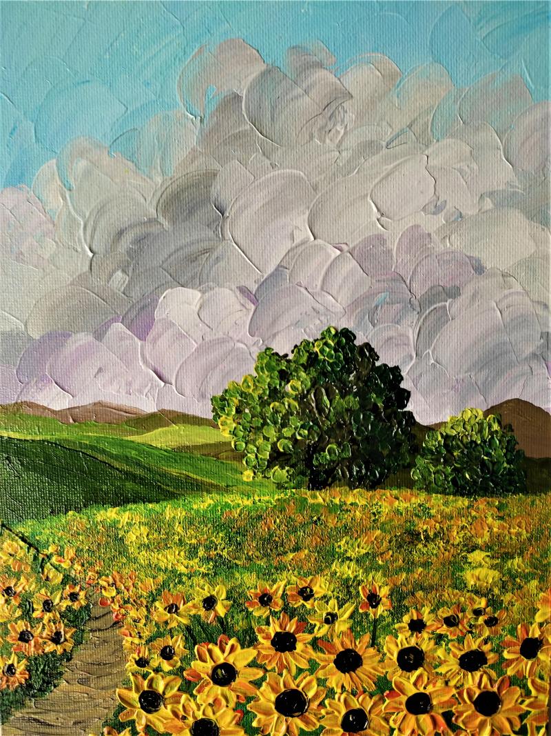 Tranh hoa hướng dương với bố cục cánh đồng rực rỡ mang đến nguồn năng lượng tích cực cho căn phòng