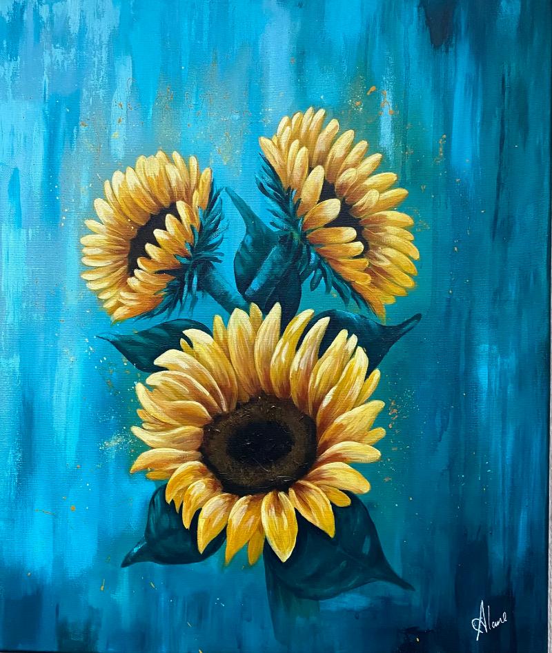 Tranh hoa hướng dương với nền màu xanh dương nổi bật, mang lại nguồn năng lượng tươi mới cho không gian