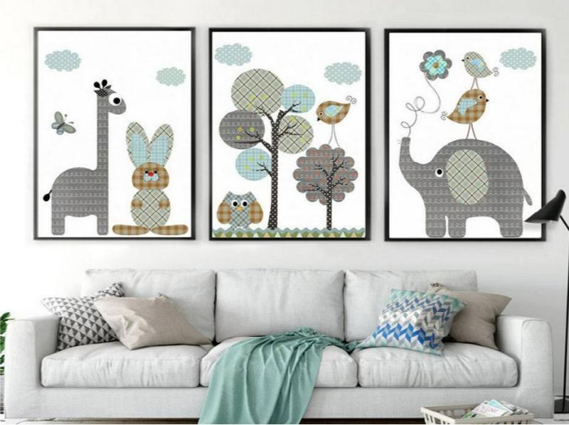Tranh scandinavian động vật ngộ nghĩnh, dùng hình khối rõ ràng và gam màu trung tính, rất phù hợp để trang trí phòng của bé