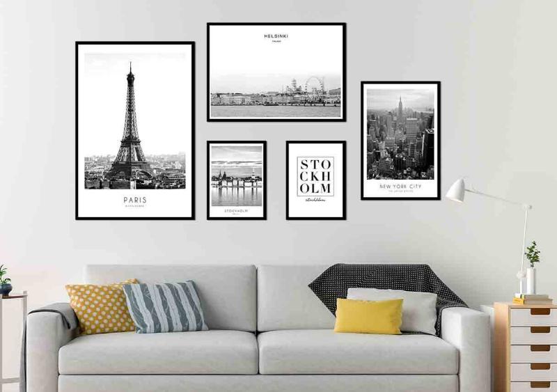 Bộ tranh scandinavian đen trắng lấy cảm hứng từ các thành phố lớn mang đến vẻ đẹp tối giản, hiện đại cho phòng khách
