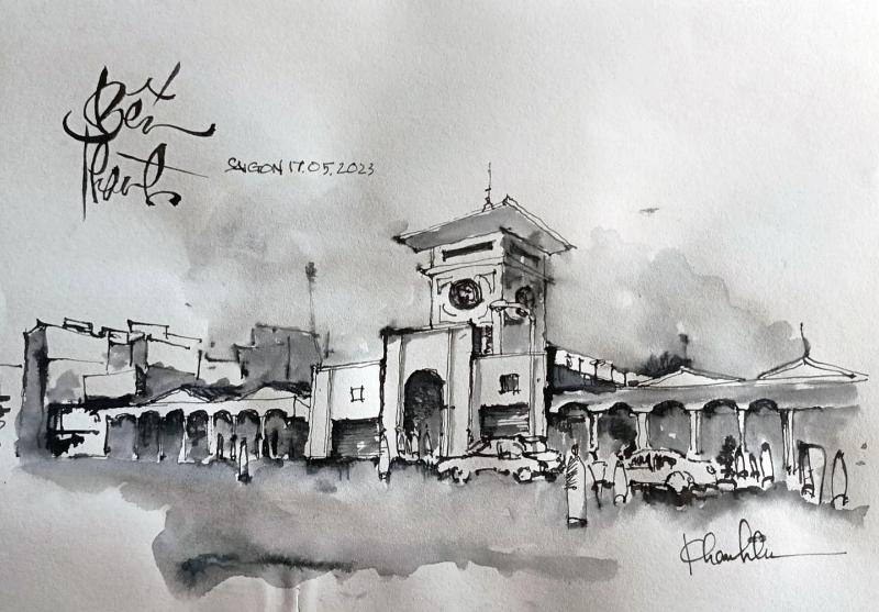 Tranh vẽ Chợ Bến Thành – Tuyển chọn mẫu đẹp nhất 2025 11 Ký họa Chợ Bến Thành bằng mực/thủy mặc, một phong cách tối giản, giàu chất thơ