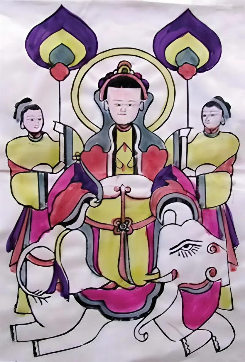 Hình tượng vị thần uy nghiêm, cưỡi voi trắng, một mẫu tranh thờ phổ biến tại làng Sinh.