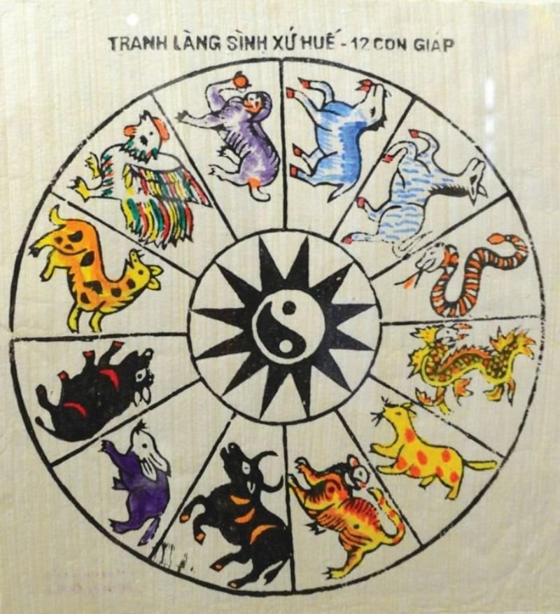 Bức tranh tròn khắc họa 12 con giáp Việt Nam (12 con giáp) với sự kết hợp hài hòa của màu sắc và nét vẽ.