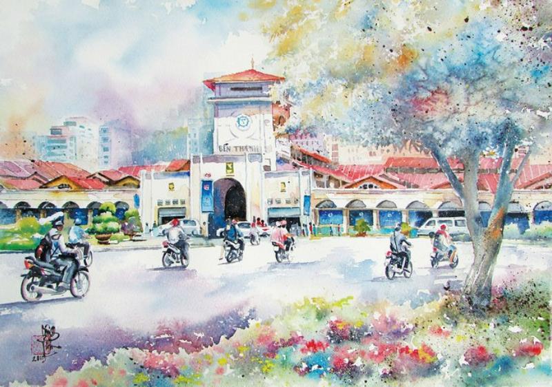 Tranh vẽ Chợ Bến Thành – Tuyển chọn mẫu đẹp nhất 2025 5 Tranh màu nước với kỹ thuật loang mờ, mang phong cách nhẹ nhàng, trong trẻo và tinh tế